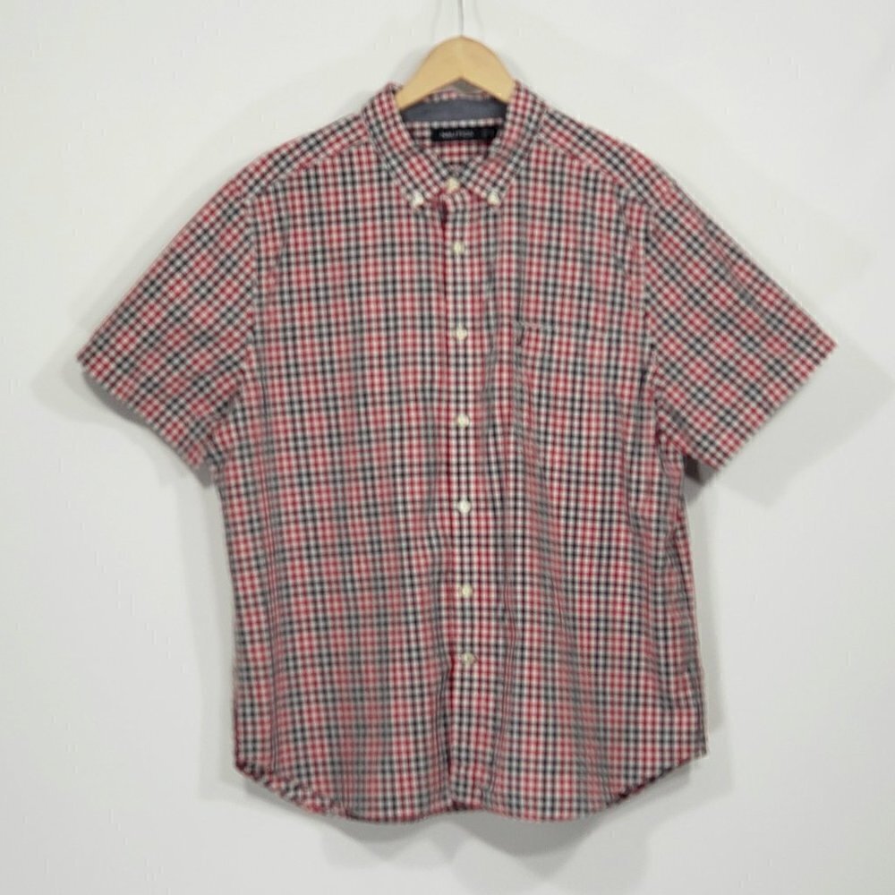 Nautica Red White & Blue Checked Short Sleeve Button Down Cotton Shirt Men's XL